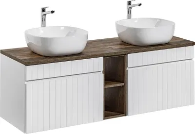 A double vanity bathroom cabinet with two vessel sinks and faucets.
