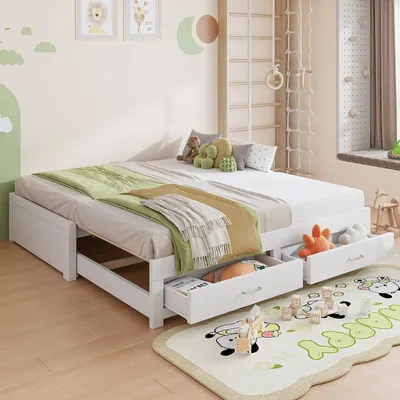 Image de Canapé-lit convertible Merax 90 x 190 / 180 x 190 cm, lit en bois avec 2 tiroirs, lit d'appoint convertible avec sommier à lattes, peu encombrant, blanc