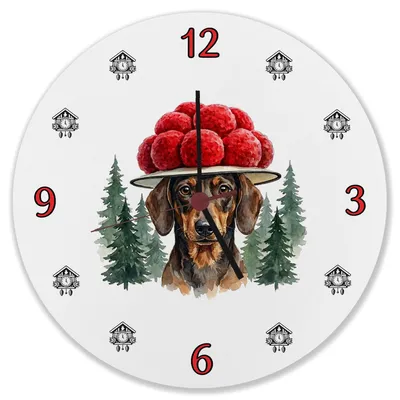 Produktbild von Dackel mit Bollenhut Wanduhr aus MDF Schwarzwald Motiv