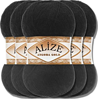 Produktbild von Alize 5x 100g Angora Gold Wolle, Uni, Häkeln, Stricken (Black | 60)