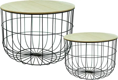 Two wire basket coffee tables with wooden tops are shown against a white background.