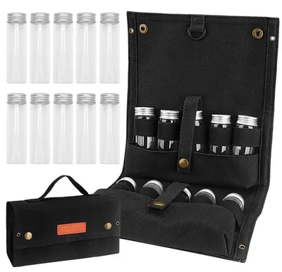 Immagine prodotto di Set di contenitori per spezie, ideale per il campeggio, borsa portatile con 10 contenitori, colore nero