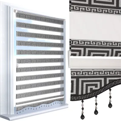 A product image showing two views of a roller blind with a Greek key pattern.