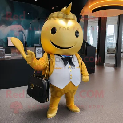 Productafbeelding van Gouden narwal mascotte REDBROKOLY kostuum karakter gekleed met een pak en koerierstassen