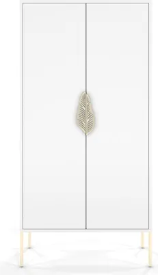 A white cabinet with a decorative gold leaf handle and gold legs, presented against a white background.