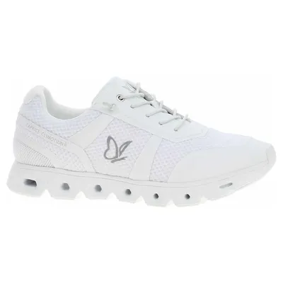 A white sneaker is shown from the side against a white background.