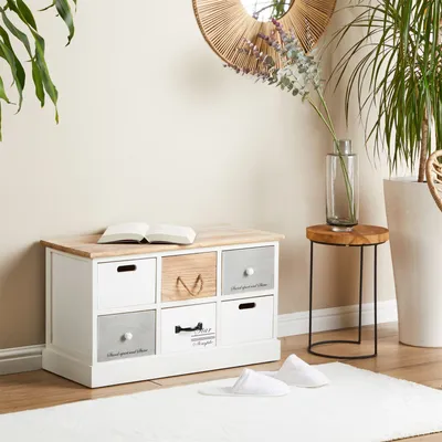 Produktbild von Sitzbank SALVA mit 6 Schubkästen, praktische Garderobenbank, Schuhbank für den Flur, Sitztruhe in weiß im Vintage Shabby Look