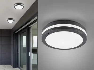 A collage showing outdoor ceiling lights installed on a balcony and a close-up of one light.