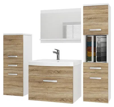 Immagine prodotto di Set di mobili da bagno BELINI PRI M5, 120 cm, effetto legno noce Sonoma opaco - Mobile bagno moderno con lavabo e specchio, completo di tutti gli accessori, da montare a parete