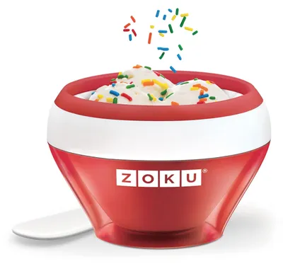 A red and white ice cream maker with ice cream and sprinkles.