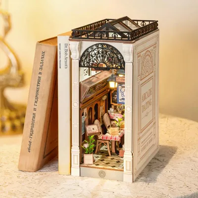 Image de Book Nook 3D Puzzle en bois, 148 pièces, pré-coloré, décoration de la bibliothèque, kit de modélisation DIY, étanche à la poussière, design arcade vintage, jouet pour enfants