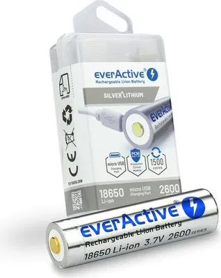 A rechargeable battery and its packaging are displayed against a white background.