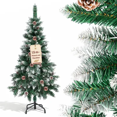 Obrázok produktu pre Vianočný stromček Eikuavons, výška 150 cm, s efektom snehu a 20 šiškami, umelý vianočný stromček s 300 vetvičkami, kovový stojan