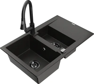 Produktbild von Mexen Gaspar 1,5-Becken-Granitspüle mit Abtropffläche und Mischbatterie Elia, Schwarz/Gold metallisch - 6507-75-670101-70-B
