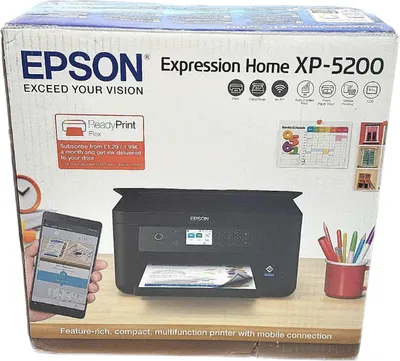 The image shows the packaging of an Epson Expression Home XP-5200 printer.