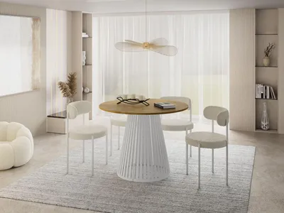 Produktbild von Esstisch Rund Ausziehbar mit Lamellen im Loft-Stil – 100 bis 180 cm – Industrieller Tisch mit Weißen Metallbeinen, Platzsparend für Wohnzimmer oder Esszimmer – Braun