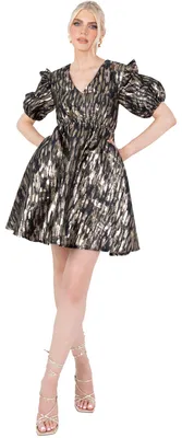 Productafbeelding van Lovedrobe dames mini-jurk, wijde mouwen, V-hals, gerimpelde rok, metallic