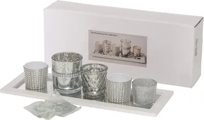 Produktbild von Glas-Windlicht-Set Pit auf Holz-Tablett weiß Deko Teelicht-Halter Kerzen-Ständer