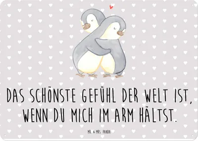 Produktbild von Mr. & Mrs. Panda tafel Pinguine Kuscheln DIN A4 - Grau Pastell - Geschenk, für Freundin, Valentinstag, Partner, Magnetschild, Frauen, Wandbild, Jahrestag, Blechtafel
