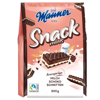 Obrázek produktu pro Kakaové oplatky Manner Snack Minis s mléčnou a čokoládovou náplní 300g