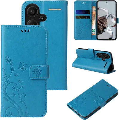 A collage of images showing a blue flip phone case with floral and butterfly embossing, displaying different angles and how it can be used.
