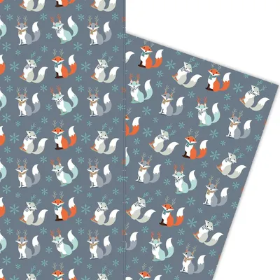 Produktbild von Süßes Winter Geschenkpapier mit Weihnachts Fuchs auf blaugrau - G5948, 32 x 48cm