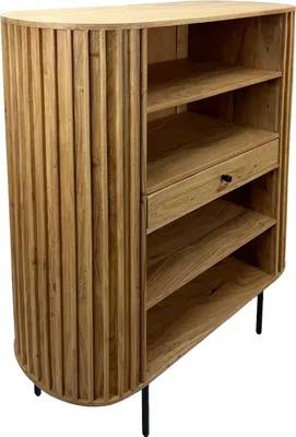 Zdjęcie produktu dla FineBuy Regał na książki Regał stojący z litego drewna z szufladą Nowoczesny regał do salonu z metalowymi nogami Regał do przechowywania do salonu, biura lub gabinetu