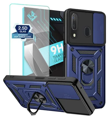 Produktbild von Armor Handyhülle für Samsung Galaxy A50 mit 9H Displayglas Displayschutz Kameraschutz Handy Panzer Case Cover Schutzhülle Outdoor Farbe: Blau