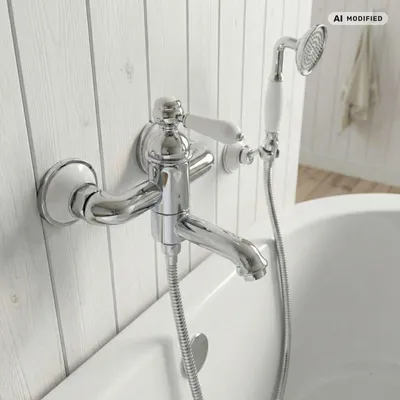 Produktbild von PaulGurkes Wannenarmatur Retro Set Nostalgie Chrom Weiß Keramik Handbrause