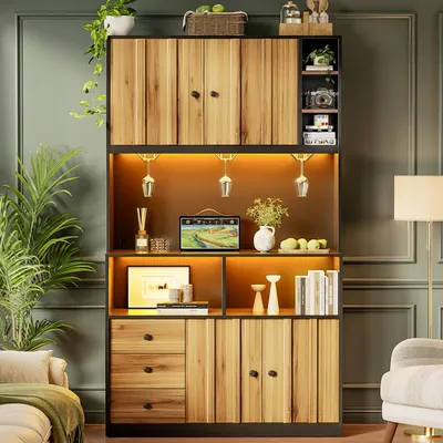 Imagen del producto de Armario alto de cocina de 100x40x180 cm con espacio de almacenamiento y vitrina, estante para vinos, regleta de enchufes e iluminación LED RGB, ideal para cocina y comedor