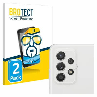 A product image showing packaging for a screen protector and a close-up of a smartphone camera module with screen protectors applied.