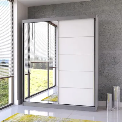 Produktbild von Schwebetürenschrank Kleiderschrank Schrank 183 cm Grau/Weiss  mit Spiegel Bella 03