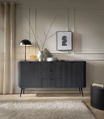 Produktbild von Kommode ZOVA KSZ168 cm mit runden Ecken mit geriffelte Fronte mit 3 Schubladen mit 2 Türen Sideboard Schwarz