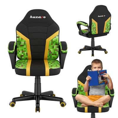 A collage of images showing a gaming chair from different angles and a child sitting in it reading a book.