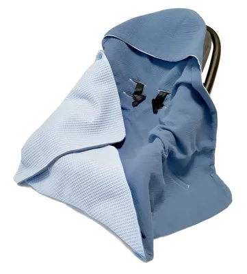 Produktbild von Einschlagdecke 100% Baumwolle 90x90cm Sommer Babyschale Babydecke 2w1 Kapuzenhandtuch Autositz Kuscheldecke für Kinderwagen Musselin (Denim)
