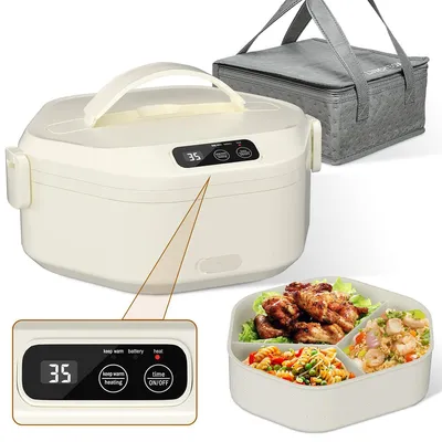 Produktbild von Kabellose elektrische Lunchbox, 1 l beheizte Lunchbox, 16000 mAh Akkubetrieben, schnelles Aufheizen, 3-Fach-Tablett, geeignet für Büro, Camping