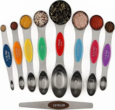 Produktbild von Magnetisches Messlöffel-Set, 9 Stück, Edelstahl, doppelseitig, stapelbar, Teelöffel, Esslöffel zum Messen von trockenen und flüssigen Zutaten