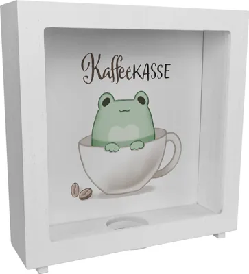 Produktbild von Frosch Rahmen Spardose aus Holz mit Spruch Kaffeekasse