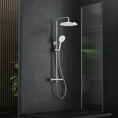 Produktbild von Duschsystem mit Thermostat, Chrom, komplettes Set mit 30 cm, runder Regendusche, Duschkopf, 5 Strahlarten, höhenverstellbarer Duschkopf, 92-126 cm