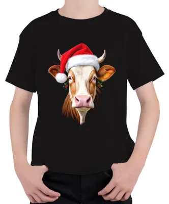 Produktbild von Weihnachtskuh Nikolausmütze Bauernhof Geschenk niedlich lustig Kinder T-Shirt, Schwarz, 152