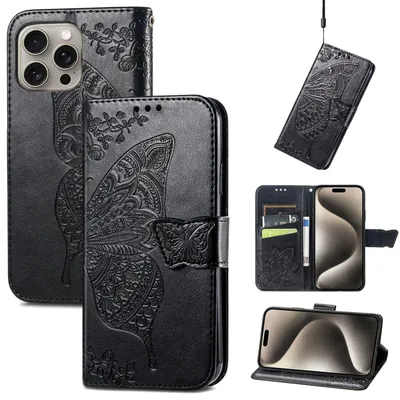 Image de Étui pour iPhone 16 Pro d'Apple en similicuir, motif papillon, noir