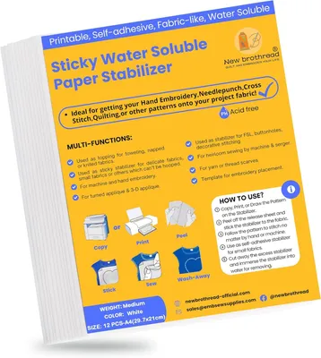 Imagen del producto de Brothread, 12 unidades, formato A4 (29,7 x 21 cm) - Estabilizador soluble en agua autoadhesivo, papel de bordado imprimible - Peso medio