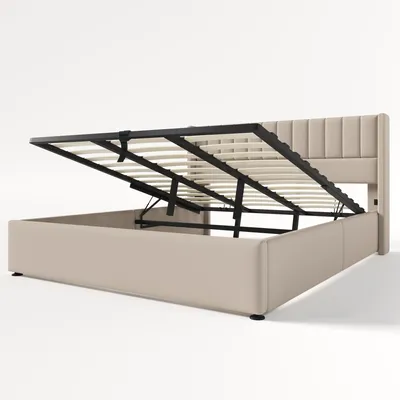 A beige upholstered bed frame with the storage mechanism open, revealing the slatted base.