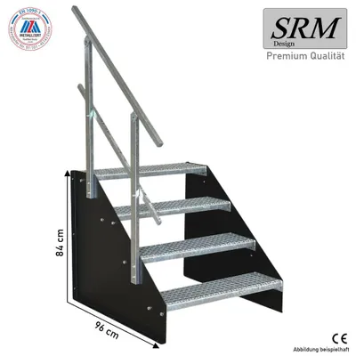 Obrázek produktu pro 4stupňové volně stojící schodiště model 1 volně stojící černé schodiště ocelové schodiště šířka 70 cm výška 84 cm se zábradlím na jedné straně