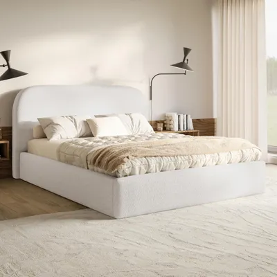 Produktbild von MOTIVENA Mono Polsterbett 120x200 mit Bettkasten, Metall Lattenrost, Bett 120x200 Weiß Boucle (Catch Me 01)