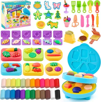 Imagen del producto de Kit de plastilina para niños, de 60 piezas, que incluye una plancha para hacer hamburguesas, herramientas de modelado, 24 masas de plastilina de colores y es ideal para fomentar la creatividad
