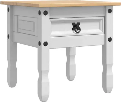 A white wooden side table with a wooden top and a single drawer with a black ring pull. The table has four legs and decorative black studs on the corners.