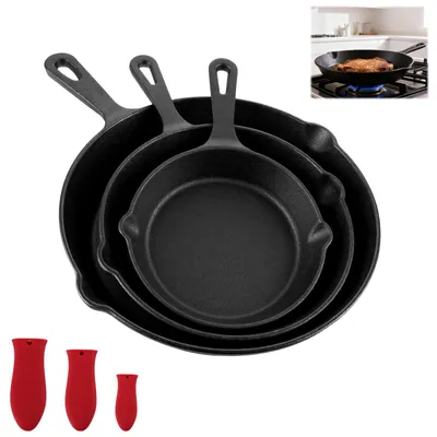 Productafbeelding van Koekenpan set 3-delig, 16 20 25 cm, gietijzer, siliconen handgreep, voor keuken