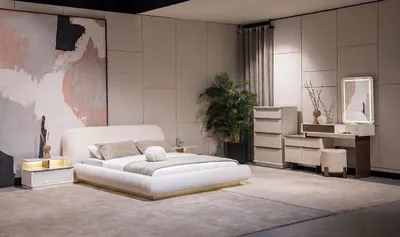 Productafbeelding van Beige moderne slaapkamer set: tweepersoonsbed, 2 nachtkastjes, commode