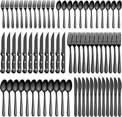 Imagen del producto de Juego de cubiertos para 12 personas, cubiertos s, juego de cubiertos de acero inoxidable que incluye cuchillos para carne, juego de cubiertos que incluye tenedores, cucharas y cuchillos, apto para lavavajillas